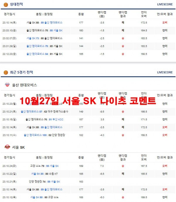 10월27일 서울 SK 나이츠 코멘트