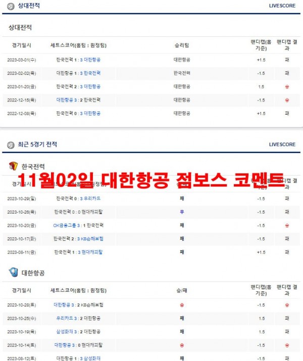 11월02일 대한항공 점보스 코멘트