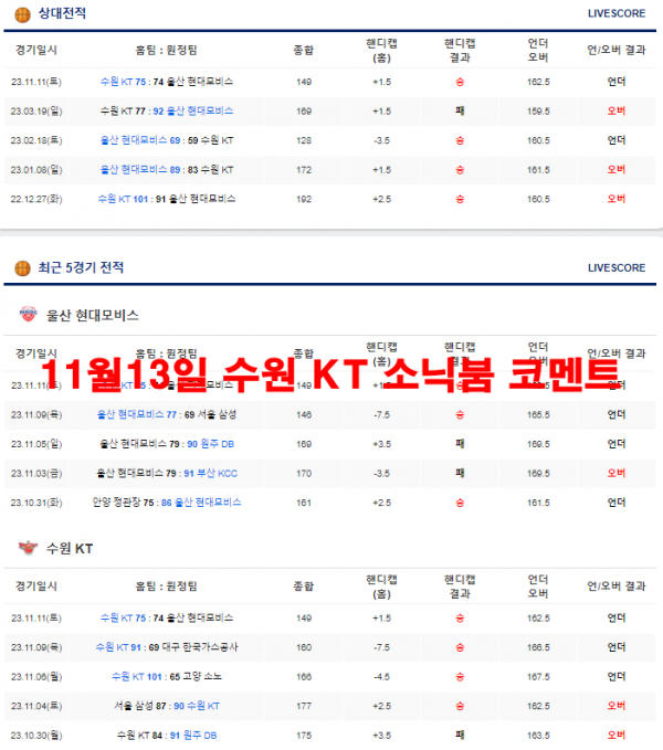 11월13일 수원 KT 소닉붐 코멘트