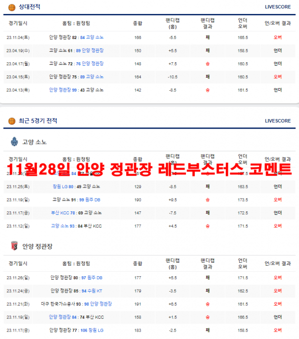 11월28일 안양 정관장 레드부스터스 코멘트