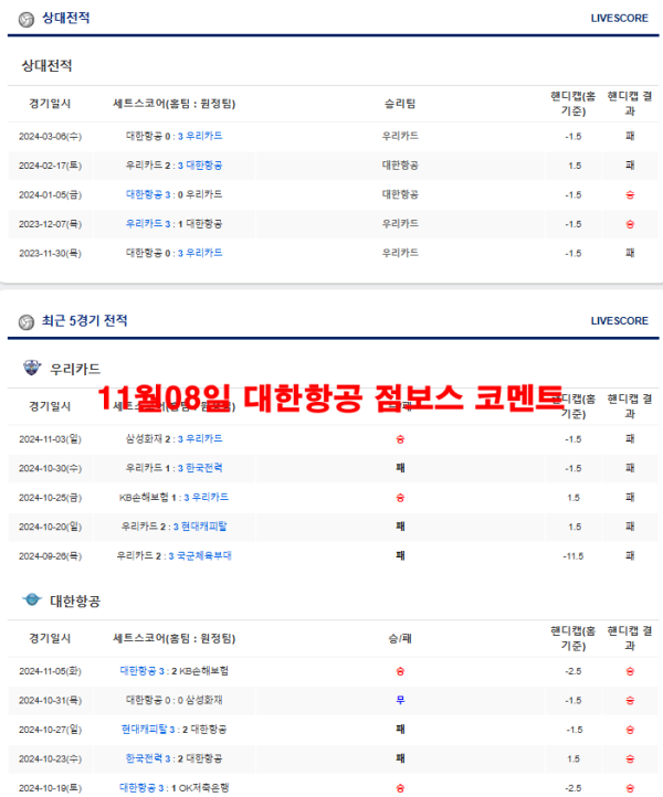 11월08일 대한항공 점보스 코멘트