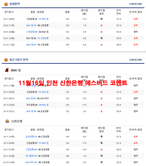 11월16일 인천 신한은행 에스버드 코멘트