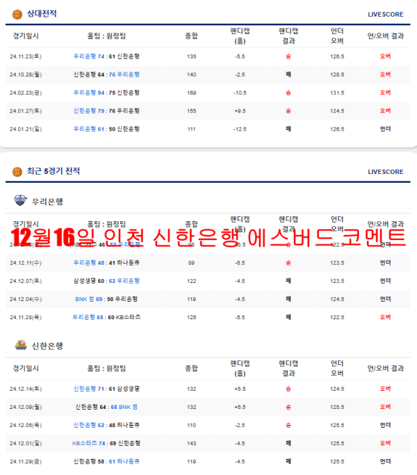 12월16일 인천 신한은행 에스버드 코멘트