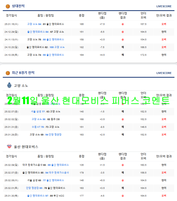 2월11일 울산 현대모비스 피버스 코멘트